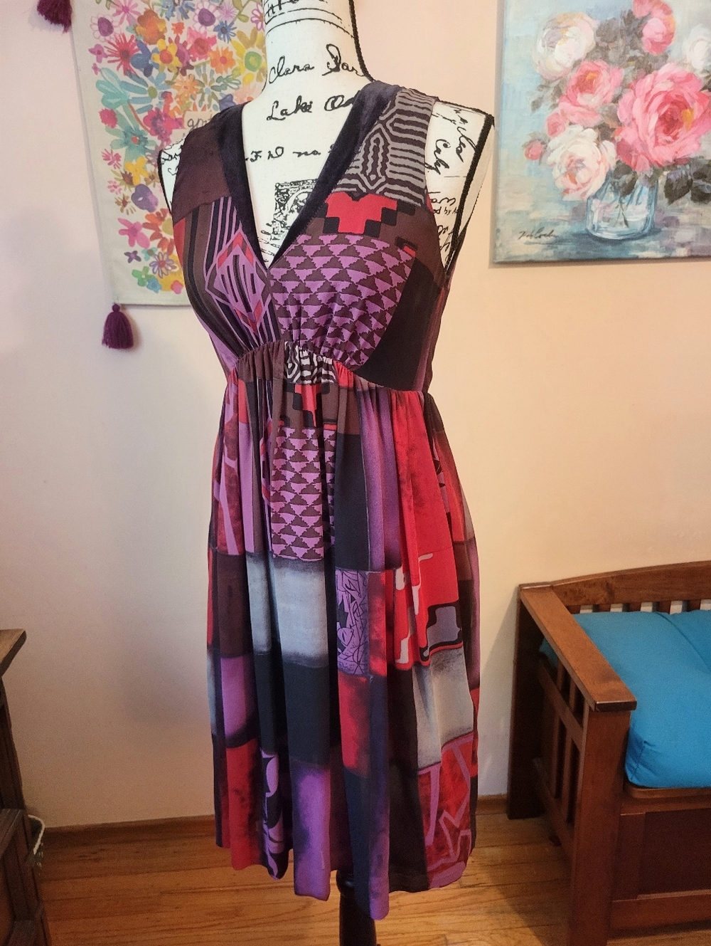 Etro 100% Silk Velvet Detail V-Neck Sleeveless Patchwork Midi Dress, EUC, Large